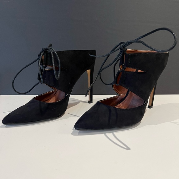 Black Suede Lace Up High Heeled Mule Size 8.5 - Picture 5 of 9